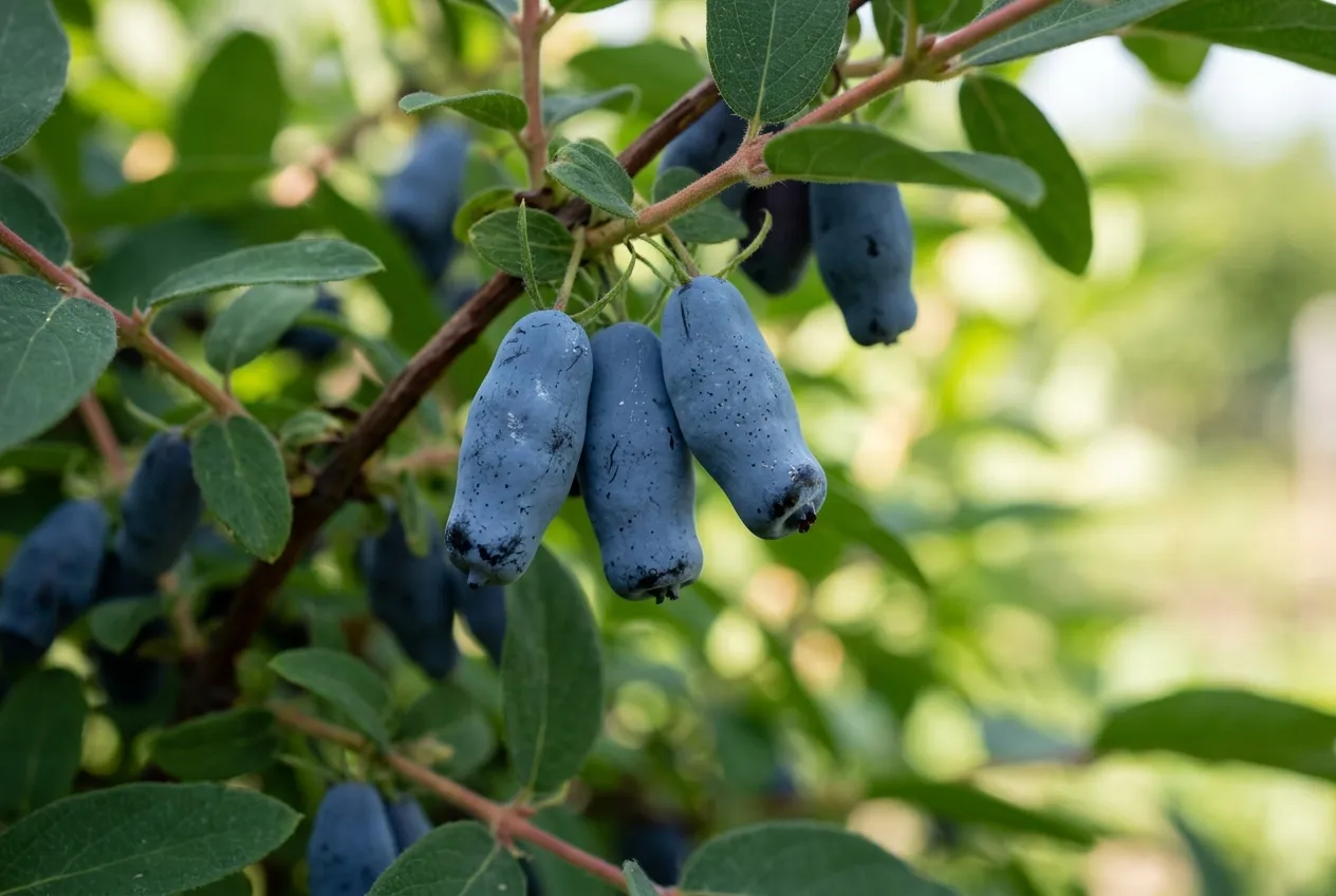 Close-up of ripe honeyberry fruit on the branch showing elongated blue shape