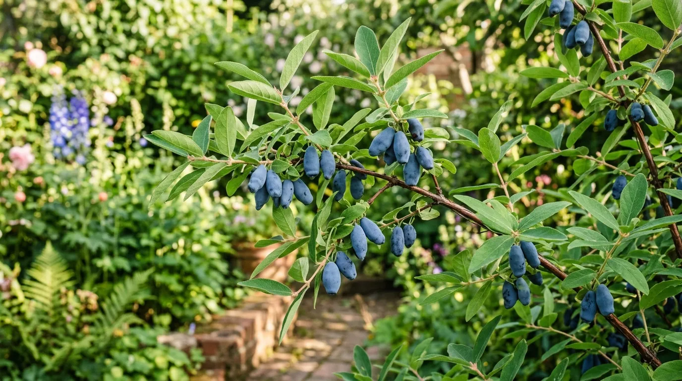 Honeyberry bush laden with ripe elongated blue berries in a UK garden