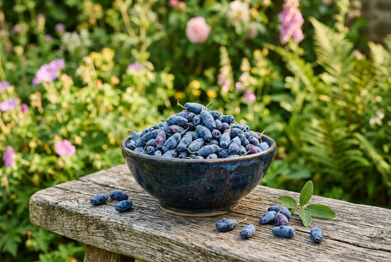 Freshly picked honeyberries in a ceramic bowl on a garden bench