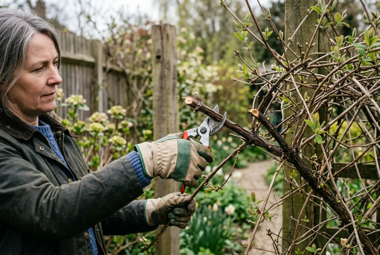 Honeysuckle pruning and care in a UK garden showing secateurs cutting back stems