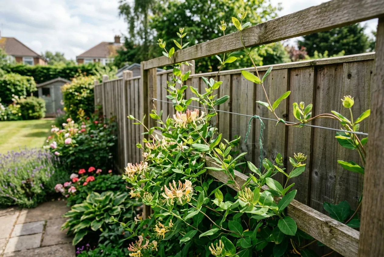 Honeysuckle trained along a wooden trellis support in a UK garden