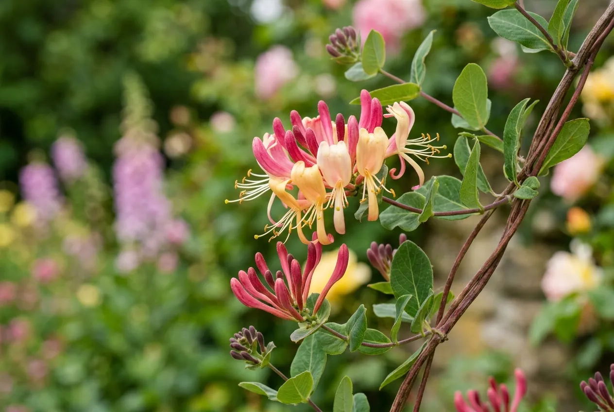 Honeysuckle varieties showing cream and coral tubular flowers in a UK garden