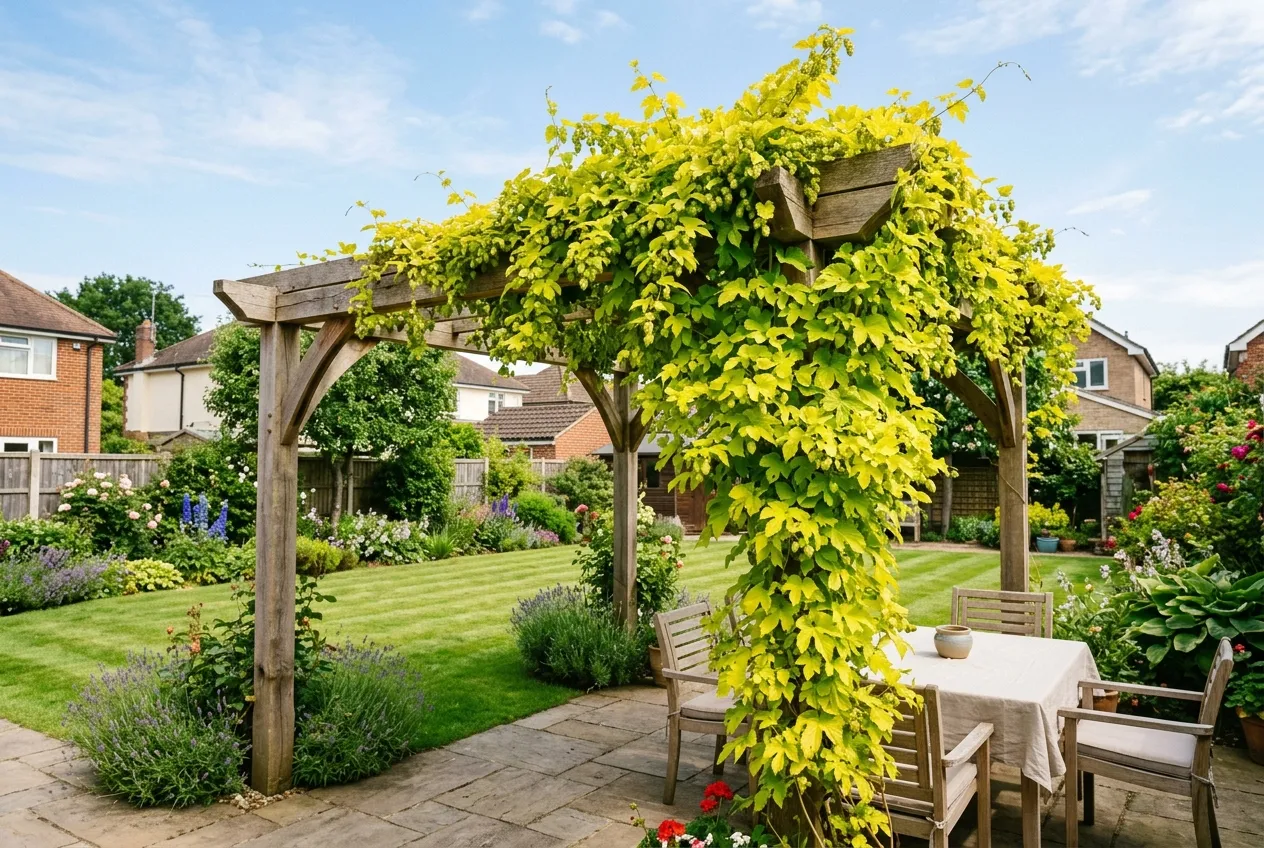 Golden hop Humulus lupulus Aureus growing over a wooden pergola in a suburban UK garden