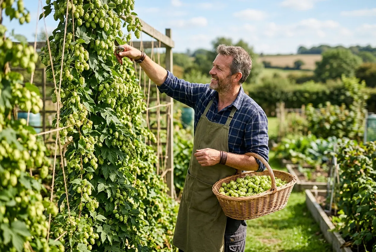Man harvesting hop cones by hand in a UK allotment garden on a sunny September day