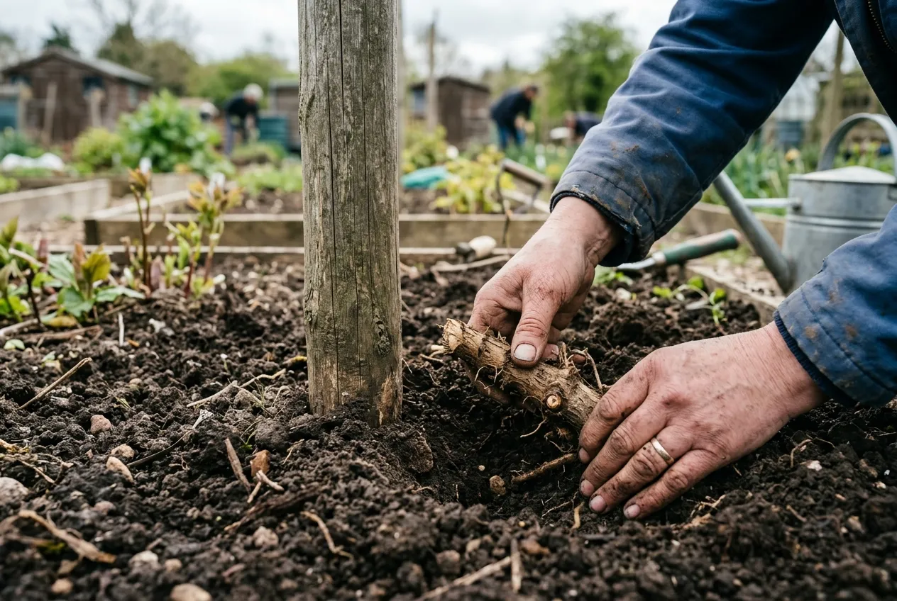 Hop rhizome being planted in spring at a UK allotment with a wooden support post