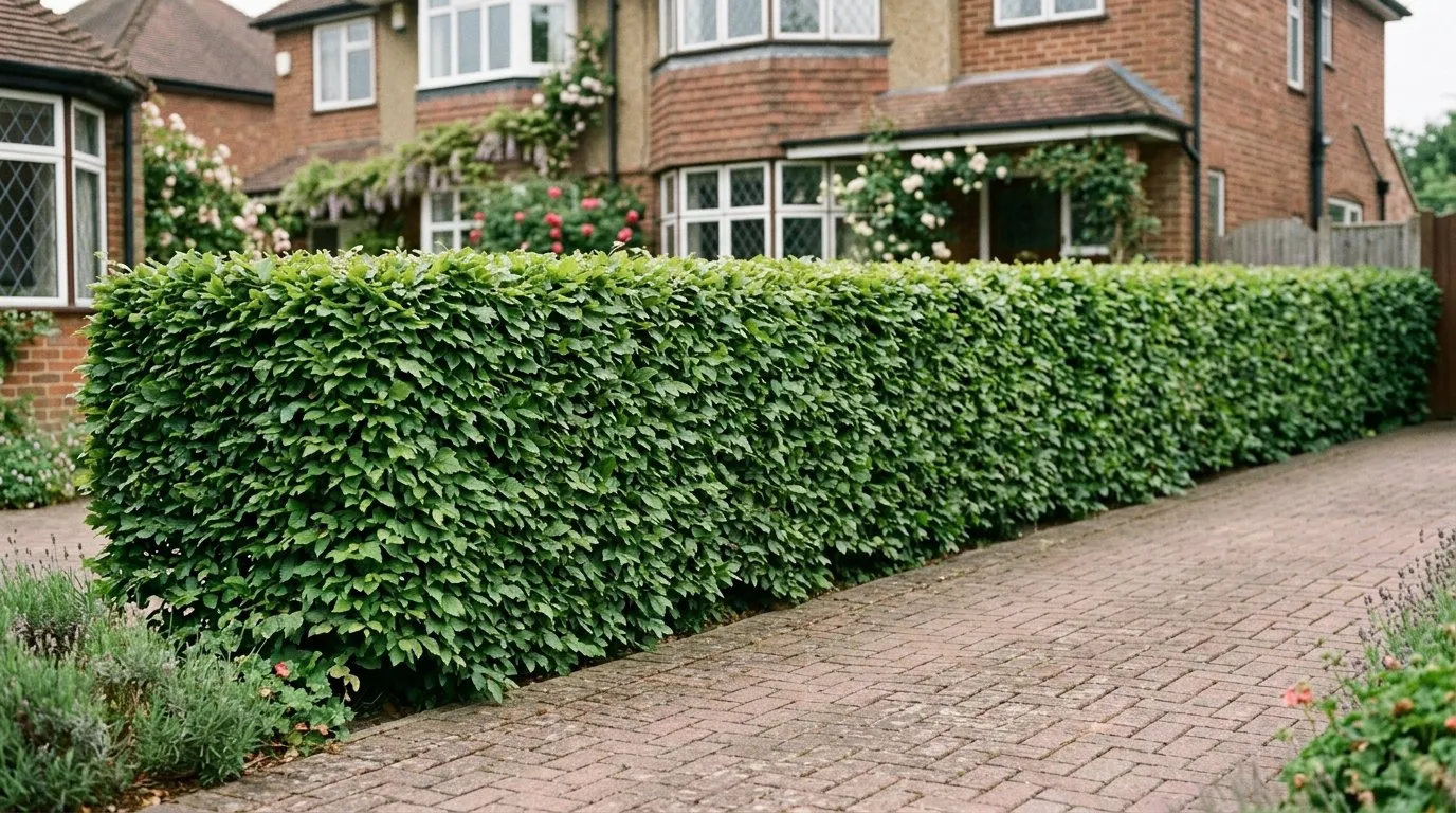 Neatly clipped hornbeam hedge lining a suburban drive in summer, dense pleated green foliage
