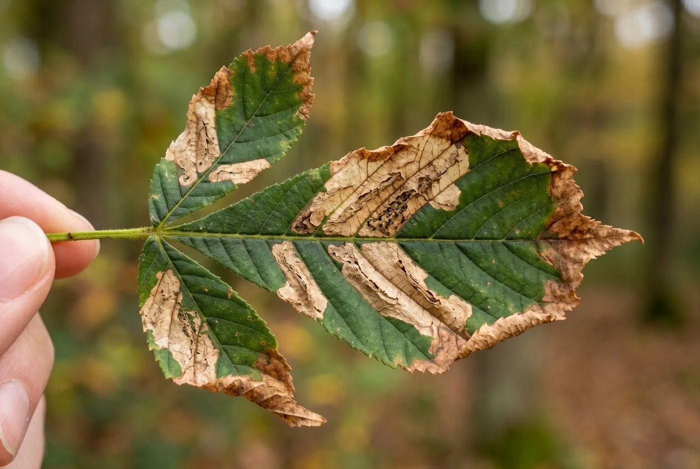 Close-up of a horse chestnut leaf showing pale brown elongated leaf miner mines running between the veins