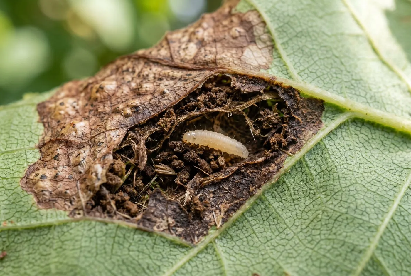 Extreme close-up of a horse chestnut leaf mine opened to show a tiny pale cream moth larva inside the brown tissue