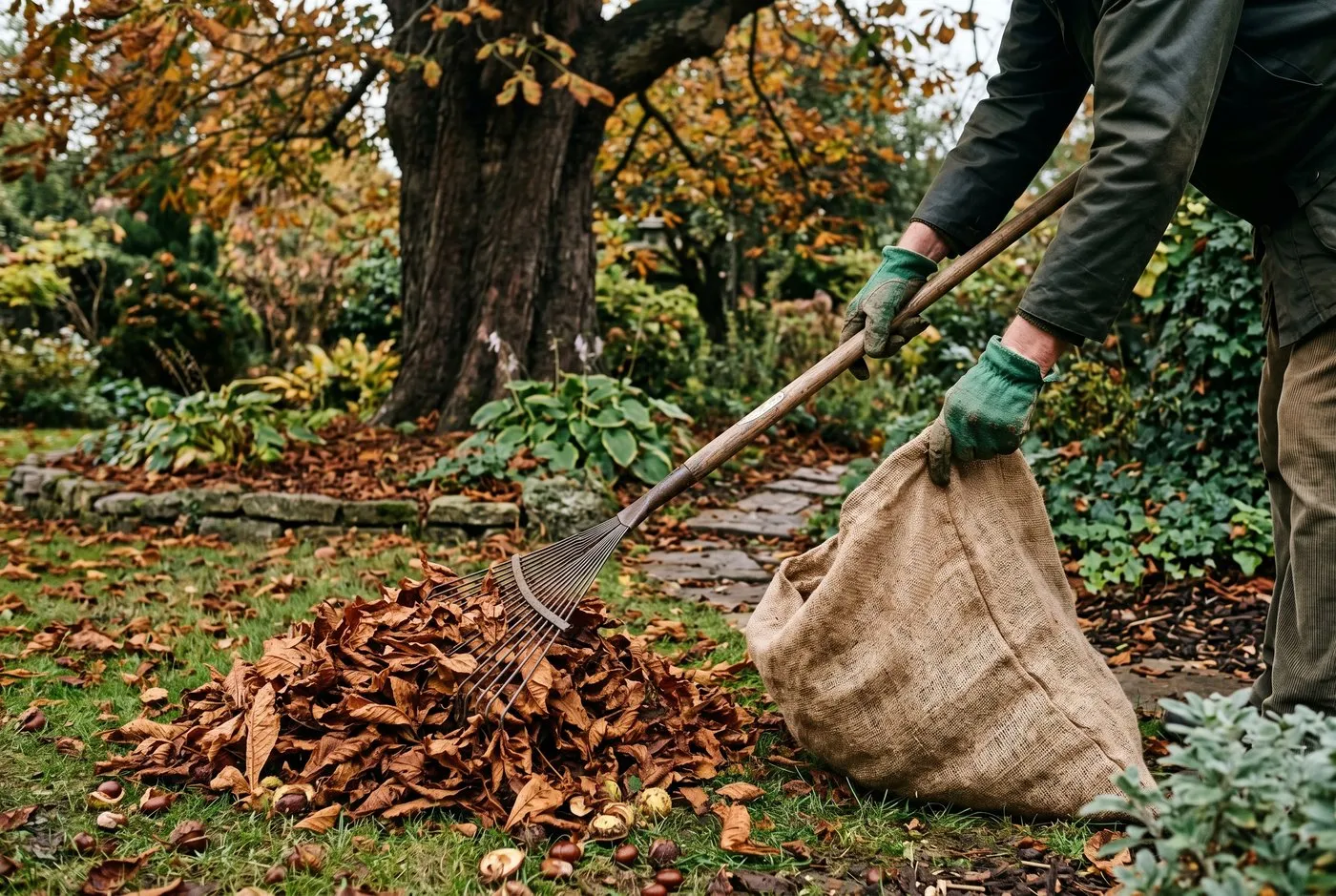 Gloved hands raking fallen brown horse chestnut leaves into a garden bag beneath a chestnut tree in a UK garden in late autumn