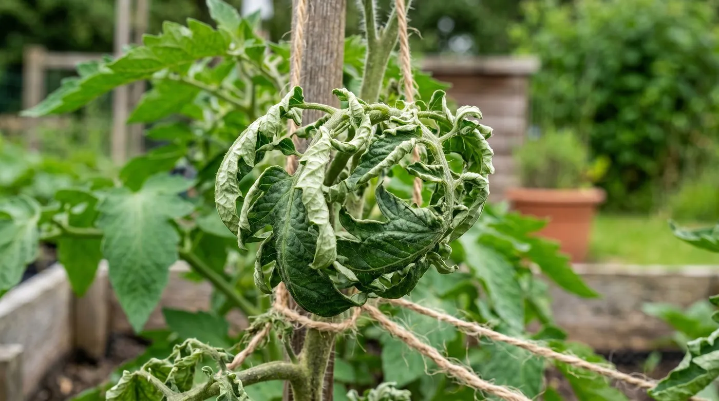 A cluster of cupped, claw-shaped tomato leaves showing classic aminopyralid herbicide damage on a UK allotment