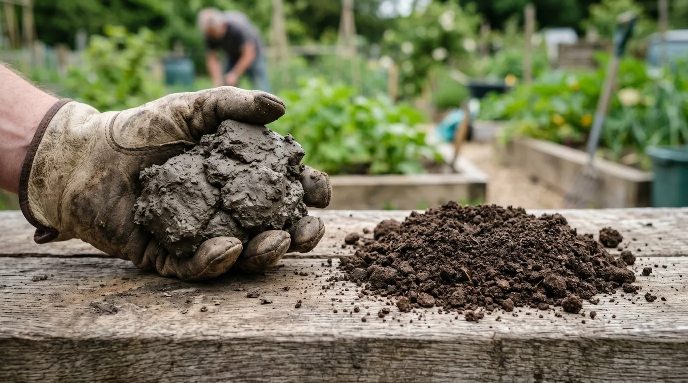 A UK gardener's hand-dug clay soil sample on the left showing dense packed lumps and a sandy loam sample on the right showing loose crumbly structure, both on a wooden allotment bench
