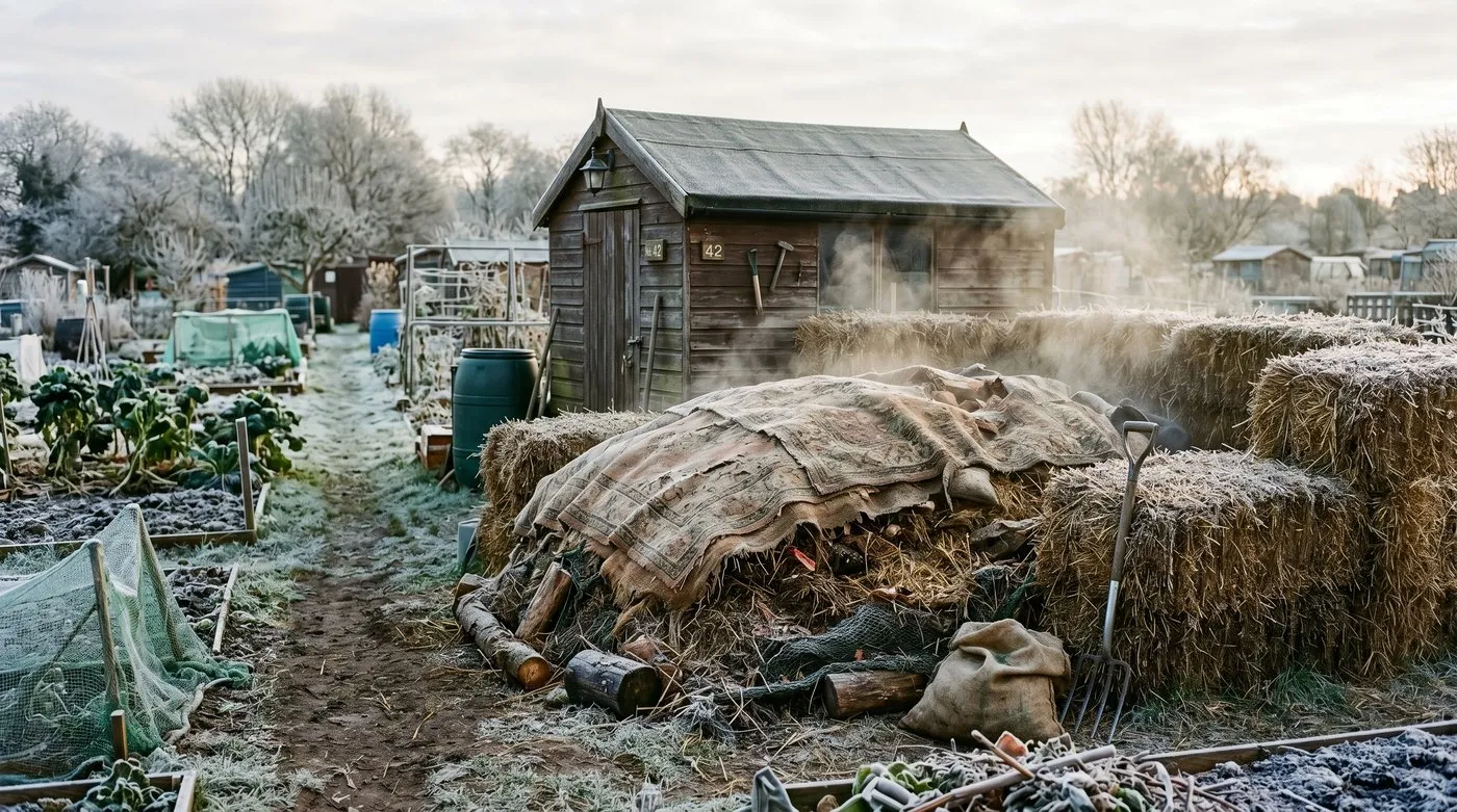 A traditional UK manure heap covered with old carpet and surrounded by straw bales behind a small allotment shed, with steam rising on a cold morning
