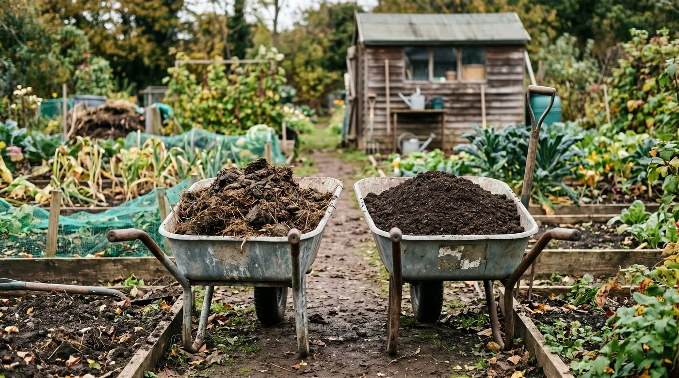 Two wheelbarrows side by side in a UK allotment, one of well-rotted horse manure and one of cow manure