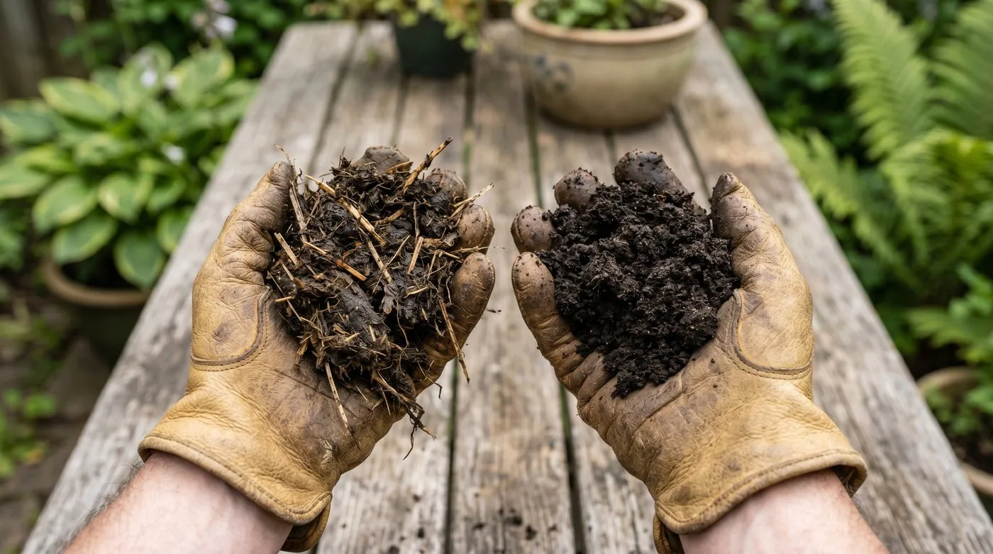 Side-by-side close-up of well-rotted horse manure on the left, fine crumbly cow manure on the right, both held in gloved hands
