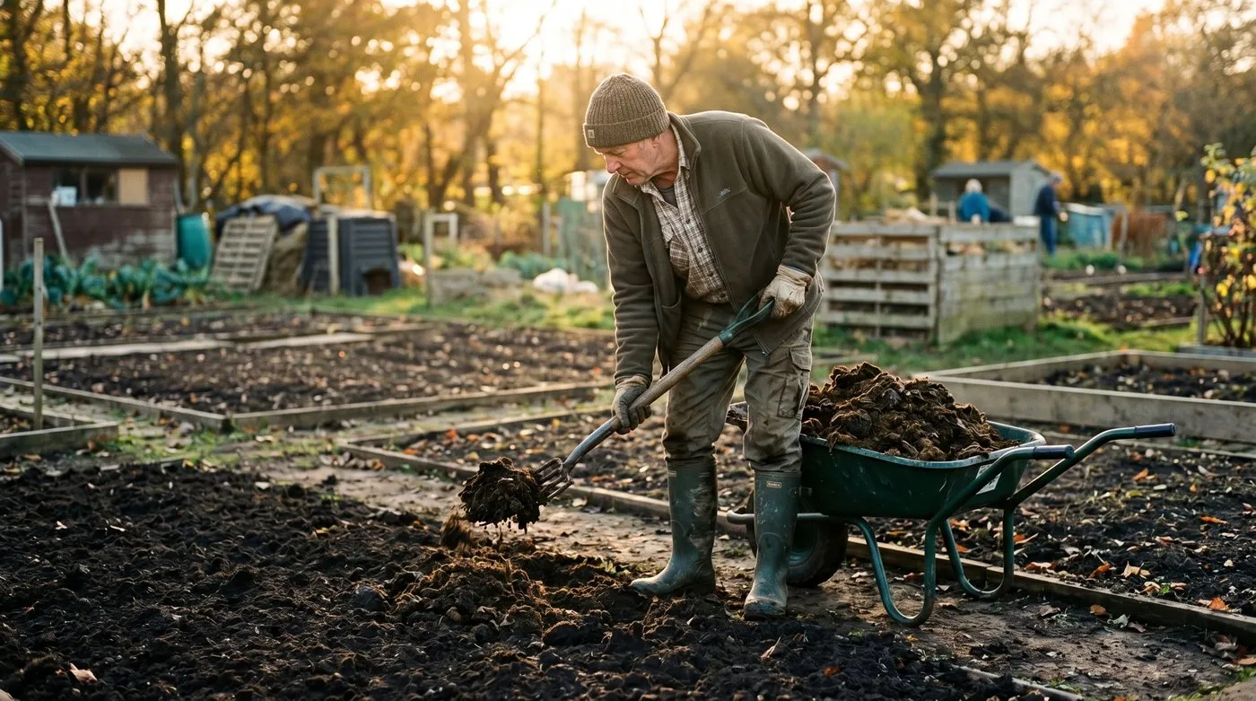 A UK allotment holder forking well-rotted horse manure from a wheelbarrow onto a freshly cleared autumn vegetable bed