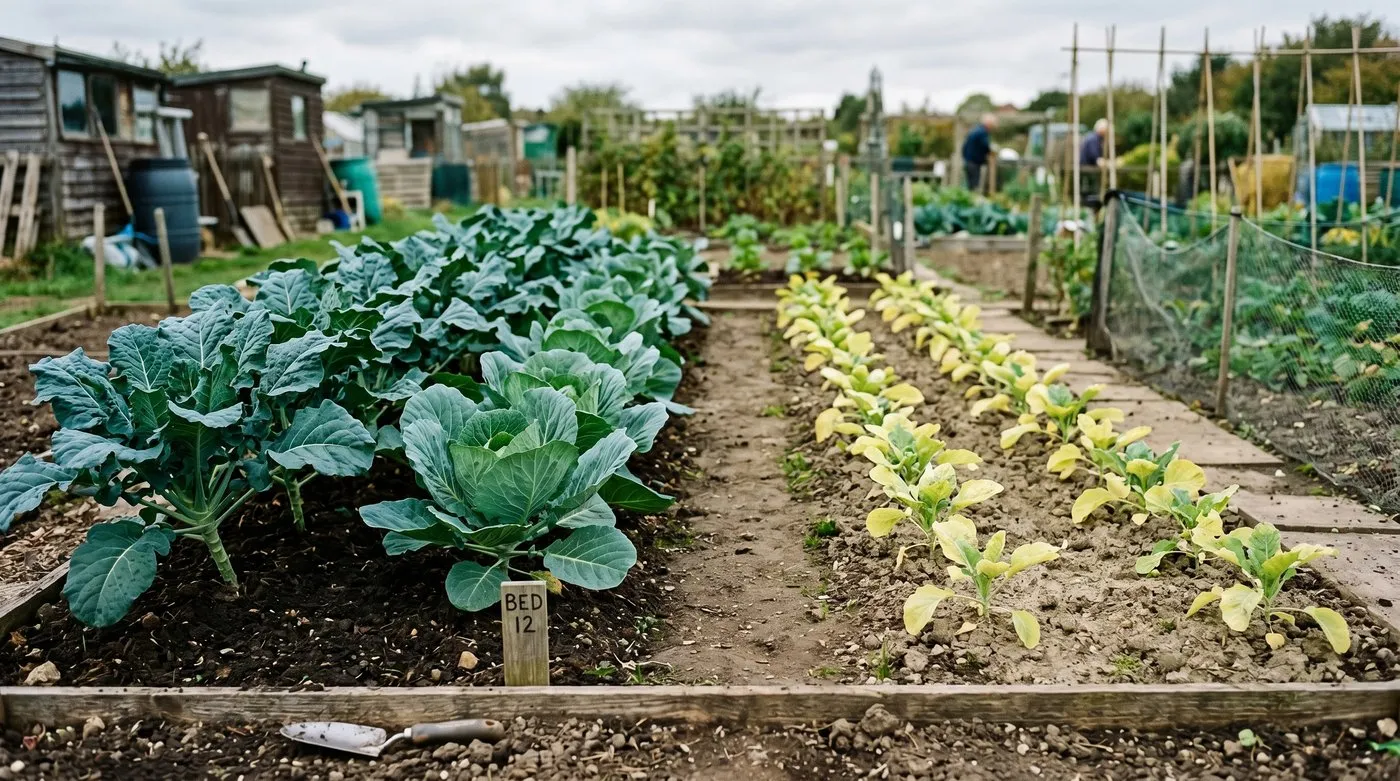 Diagnostic comparison showing two parallel rows of brassicas in a UK garden bed, well-fed manured row deep green, unmanured row pale and stunted