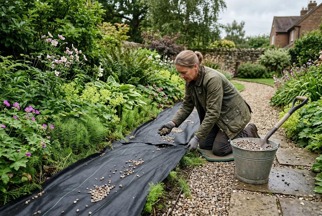 Horsetail control methods using black membrane to smother growth in a UK garden border