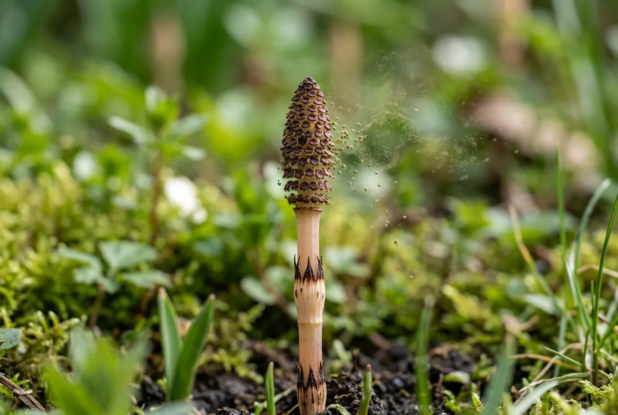 Horsetail identification showing spore-bearing fertile shoots in a UK garden in early spring