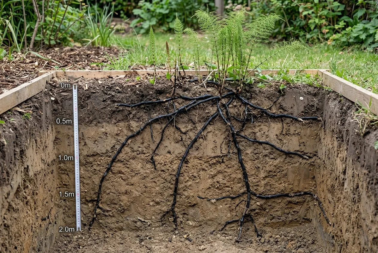 Horsetail rhizome depth showing underground stems extending deep into UK garden soil