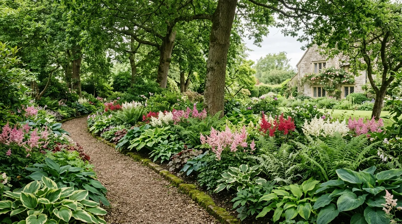 Shade garden border with hostas, ferns, and astilbes under mature trees in an English garden