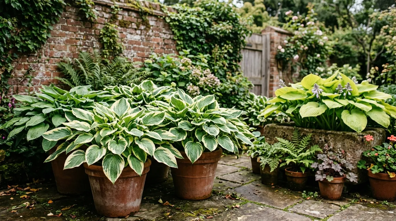 Hostas growing in terracotta and stone containers on a shaded UK patio with variegated foliage