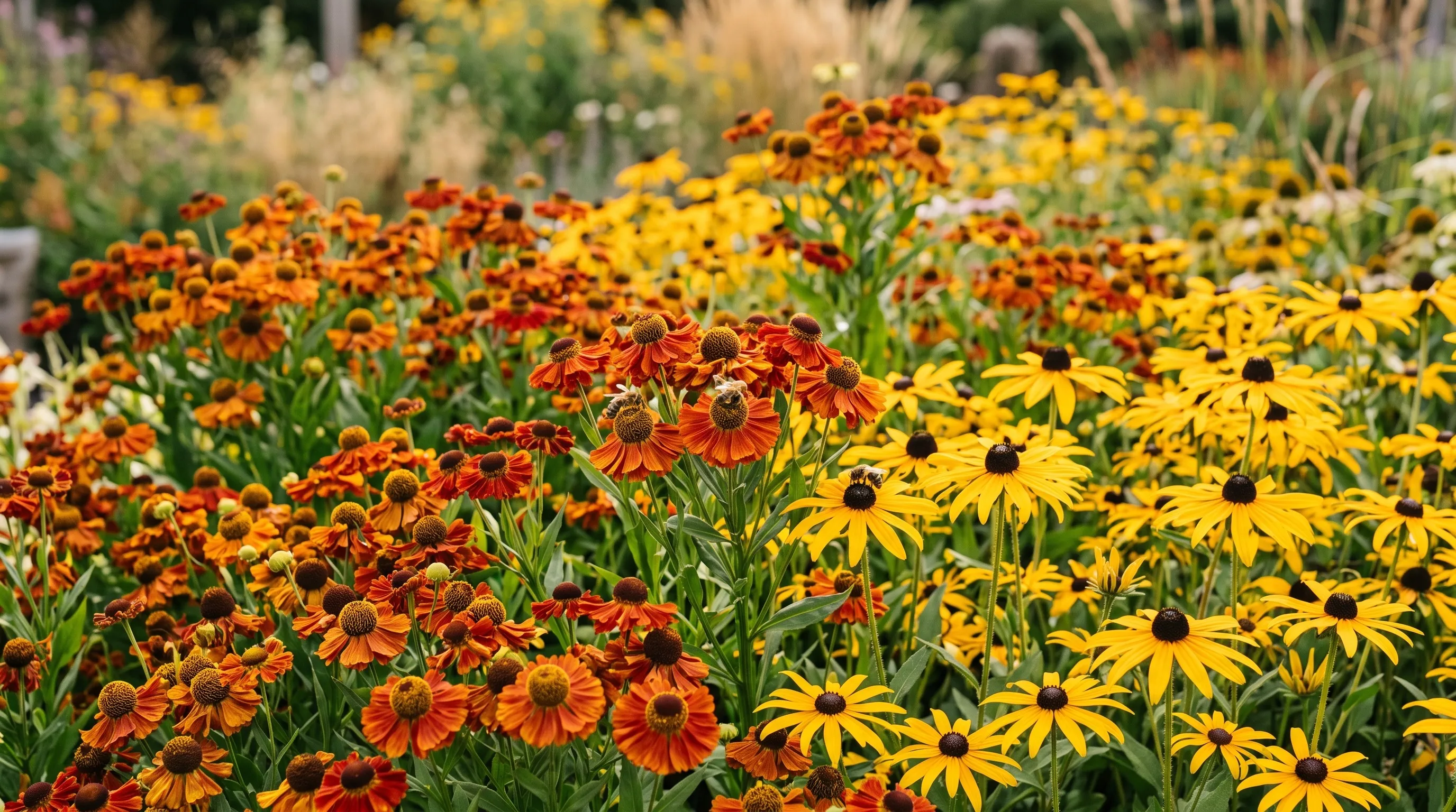 A dense mass planting of orange-red Helenium and golden Rudbeckia flowers in a late summer border