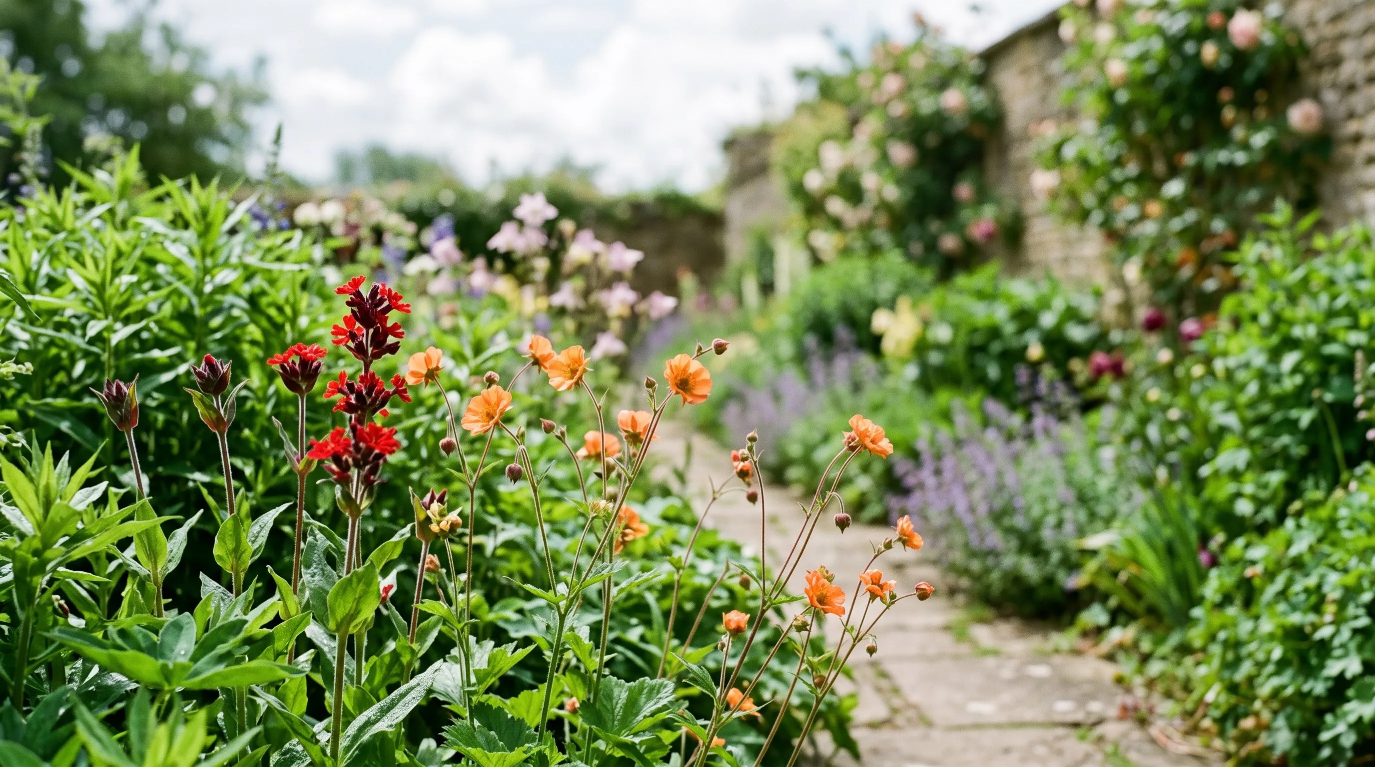An English herbaceous border in early summer with fresh green growth and the first orange and red flowers