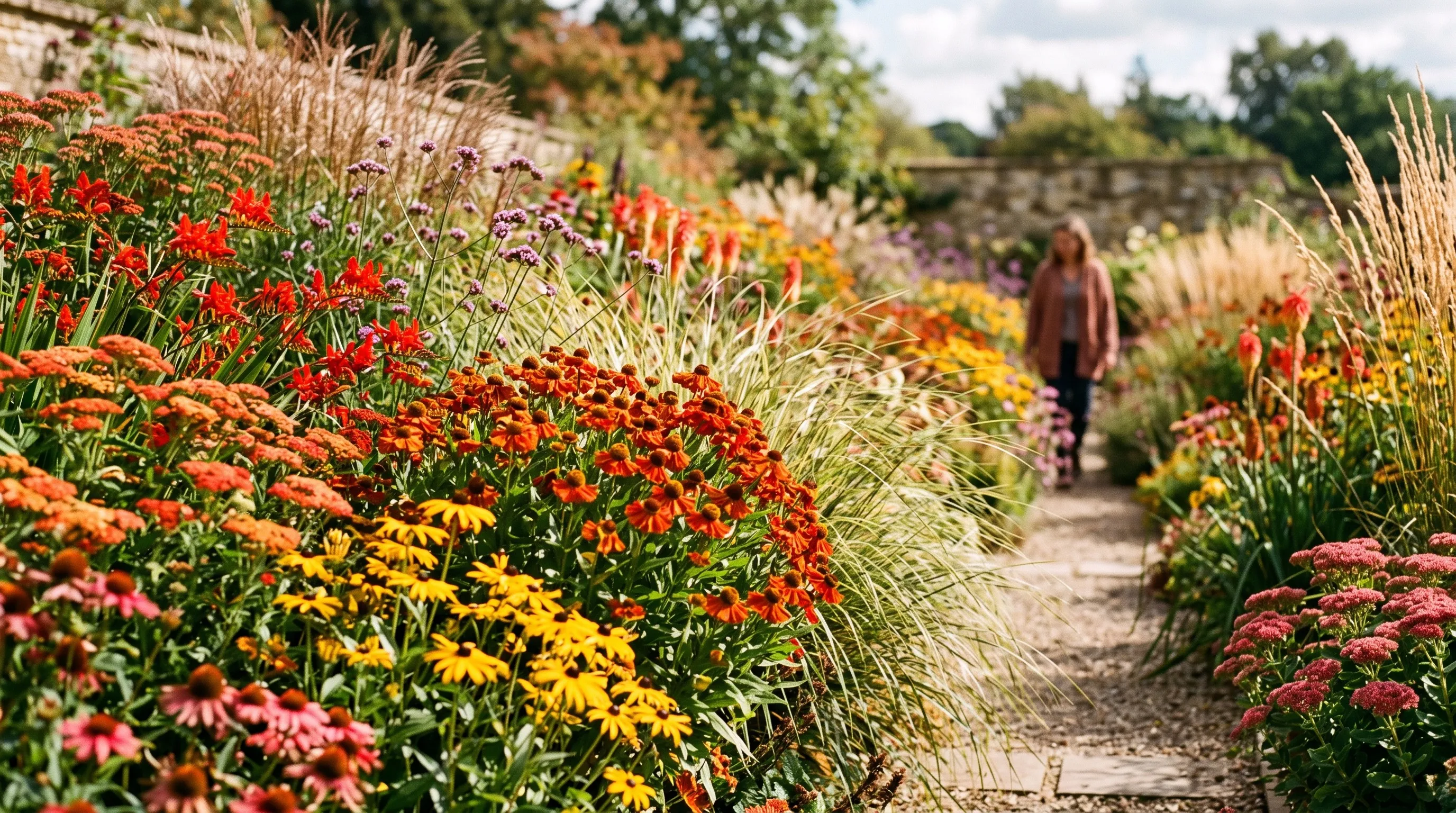 The same English herbaceous border in late summer at peak, blazing with red, orange and gold flowers and grasses