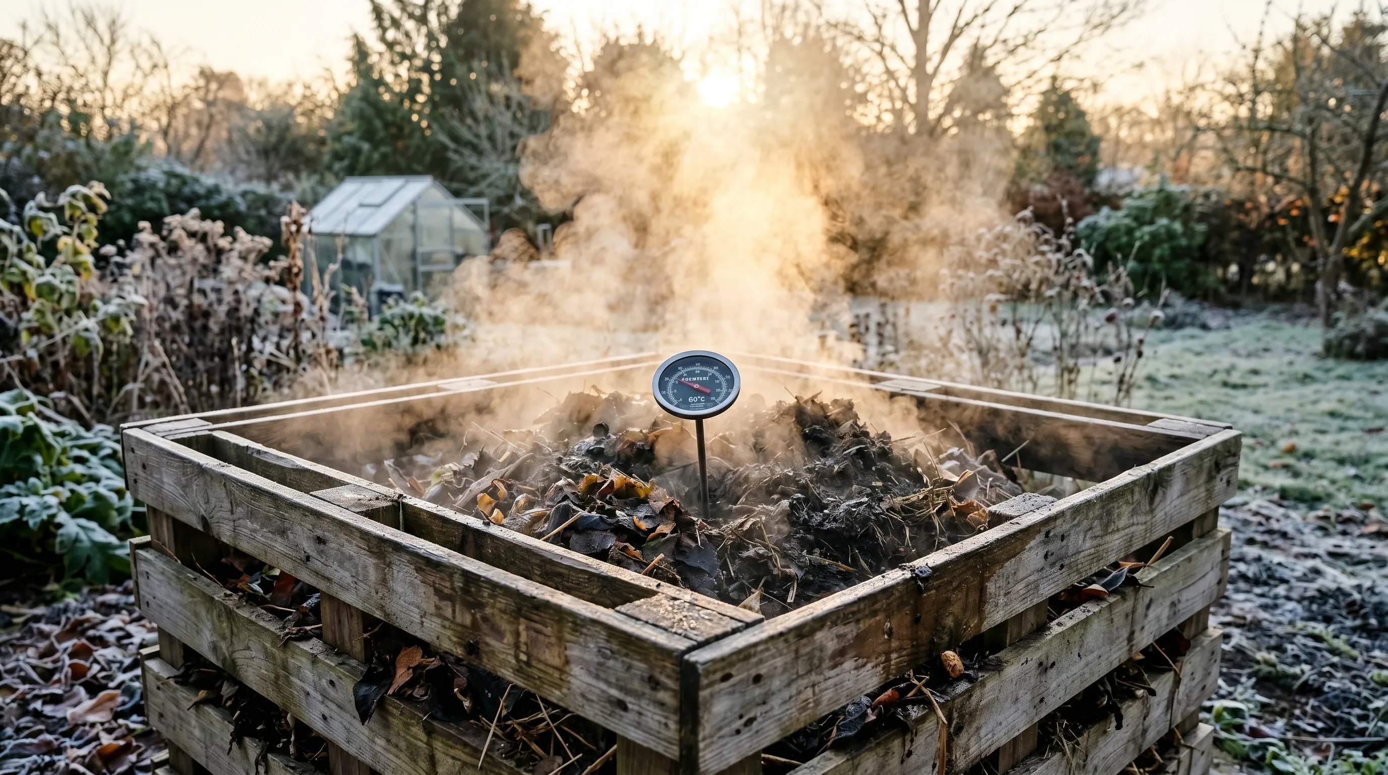 Hot compost pile in a UK garden steaming visibly on a cold winter morning with rising steam catching low golden sunlight and a garden thermometer showing 60C