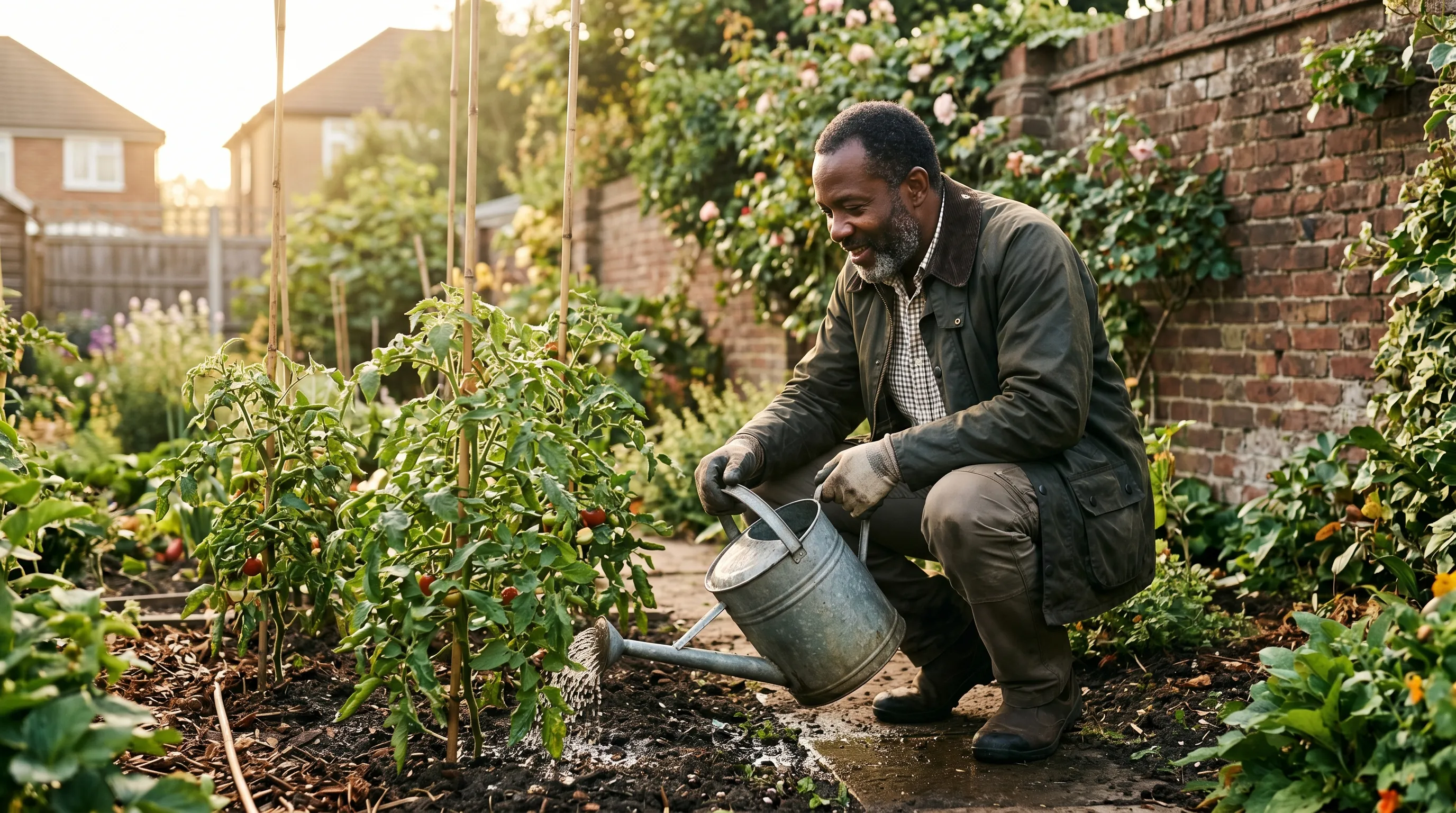 Hot weather watering UK gardener watering at the base of tomato plants at sunrise in a suburban London garden
