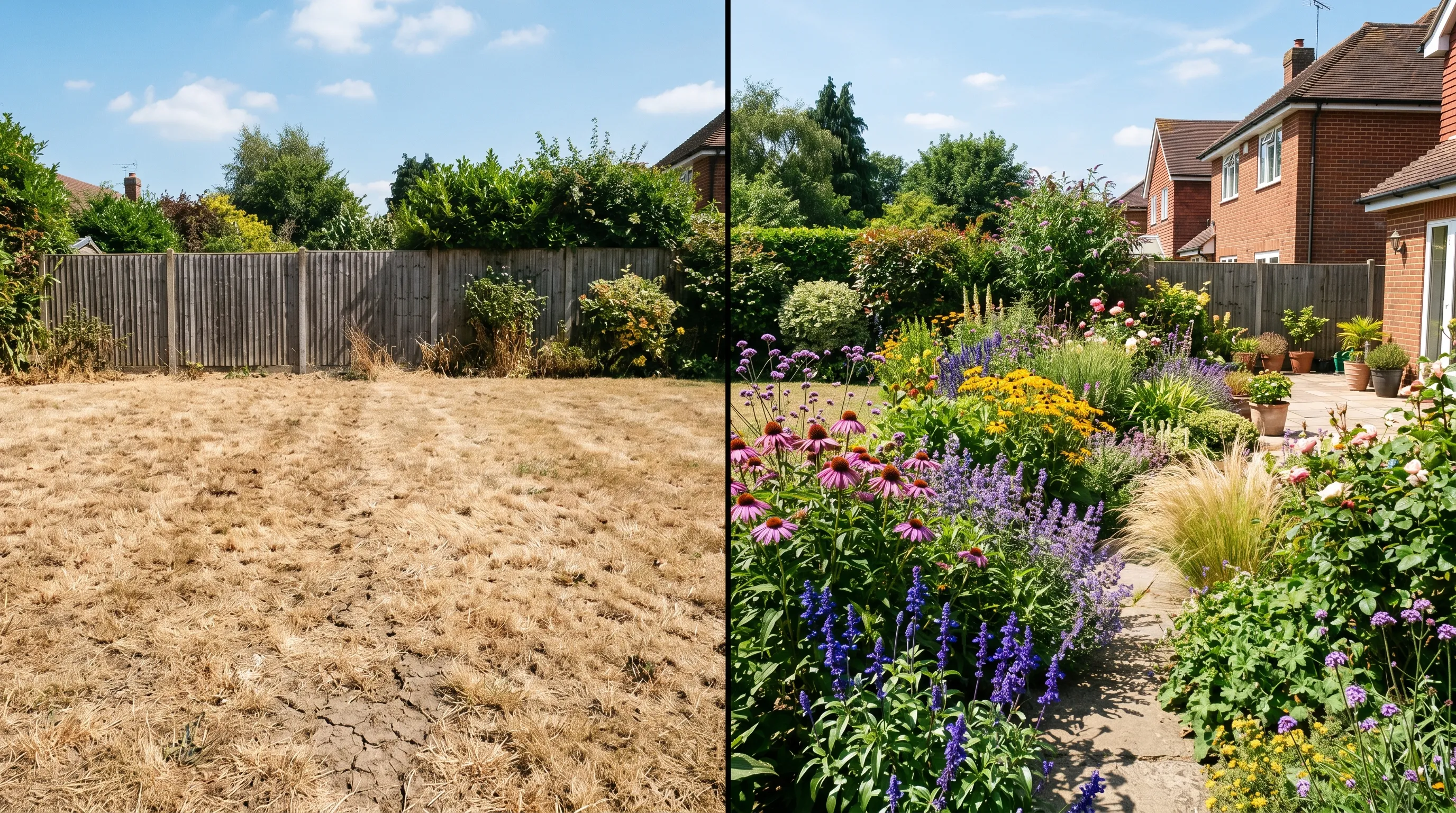 Split scene showing a parched brown lawn beside a deep green herbaceous border during a UK heatwave