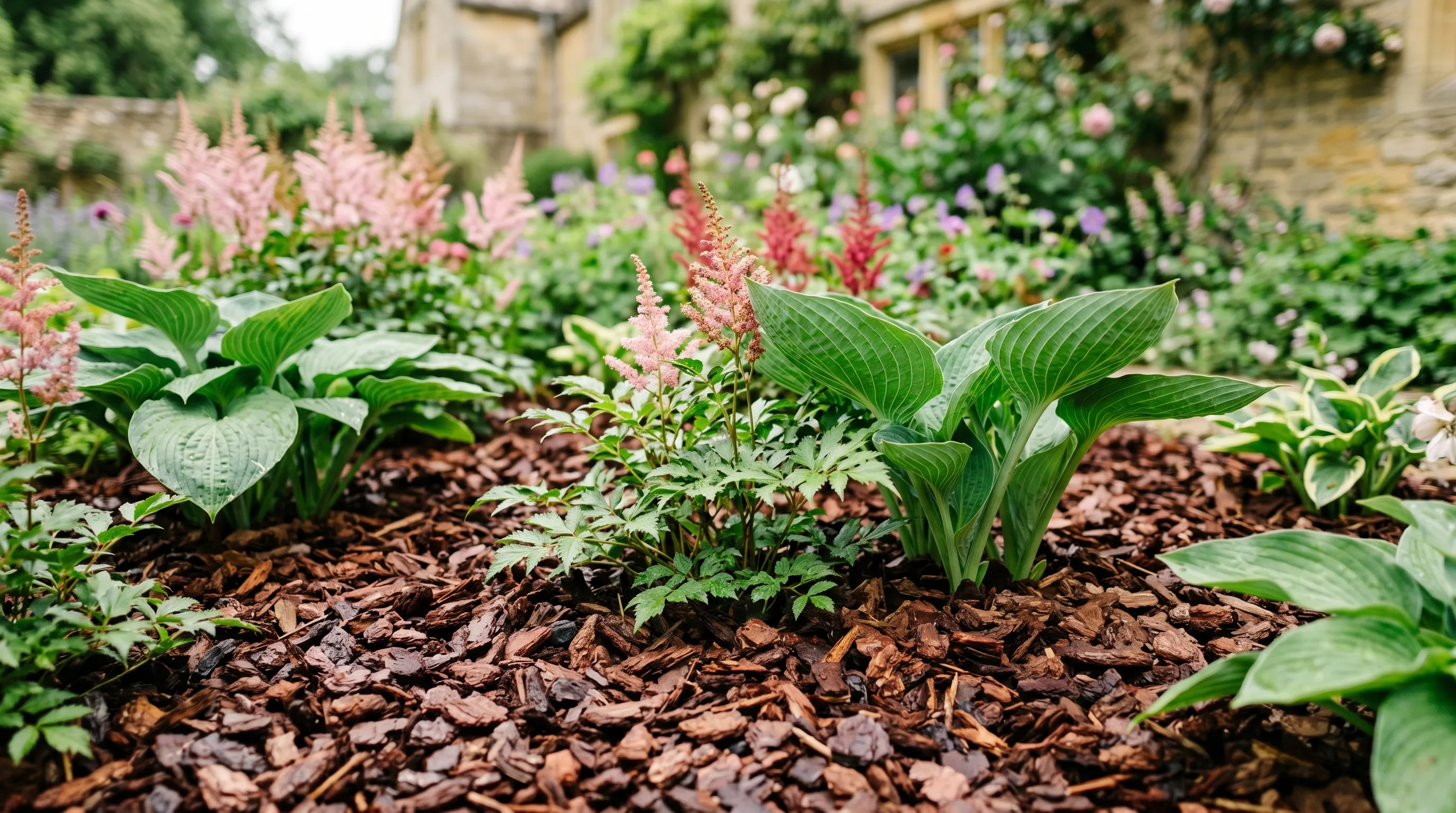 Herbaceous border thickly mulched with 75mm of bark chip in a Cotswolds garden