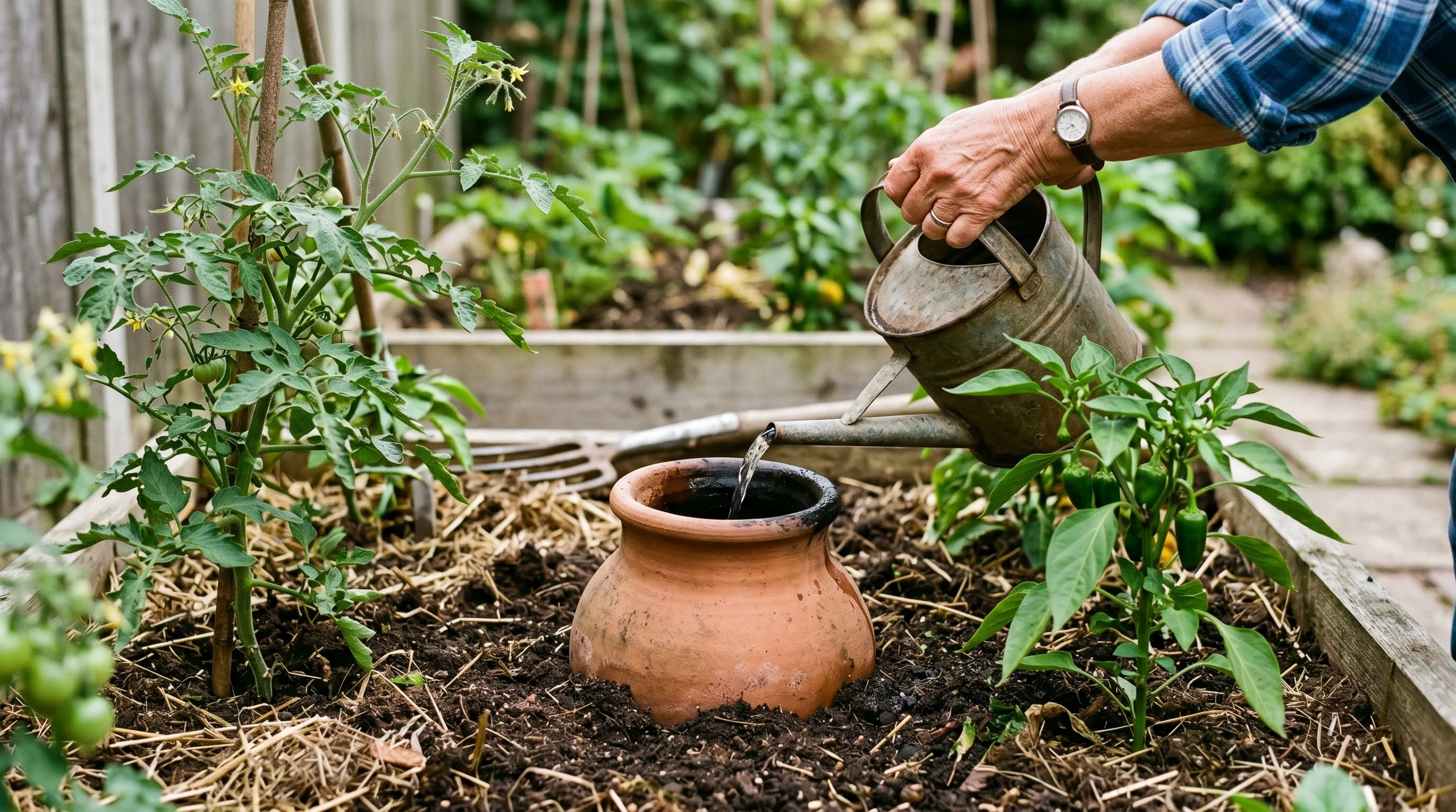 Unglazed terracotta olla pot buried in a Staffordshire raised veg bed between tomato and pepper plants