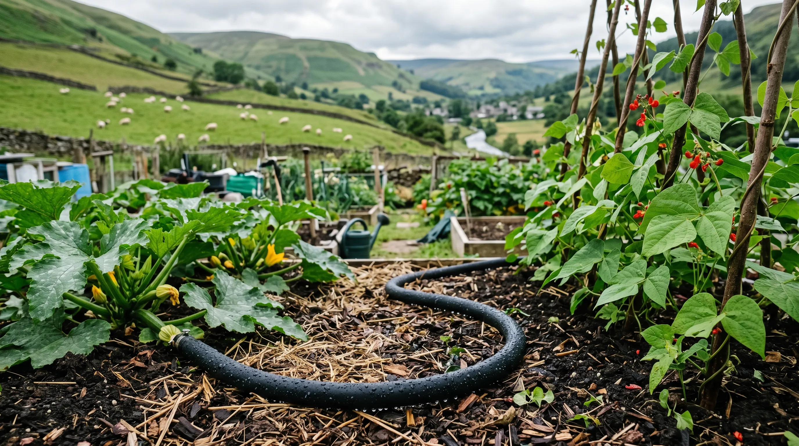 Soaker hose laid along the base of a vegetable bed in a Welsh valley allotment
