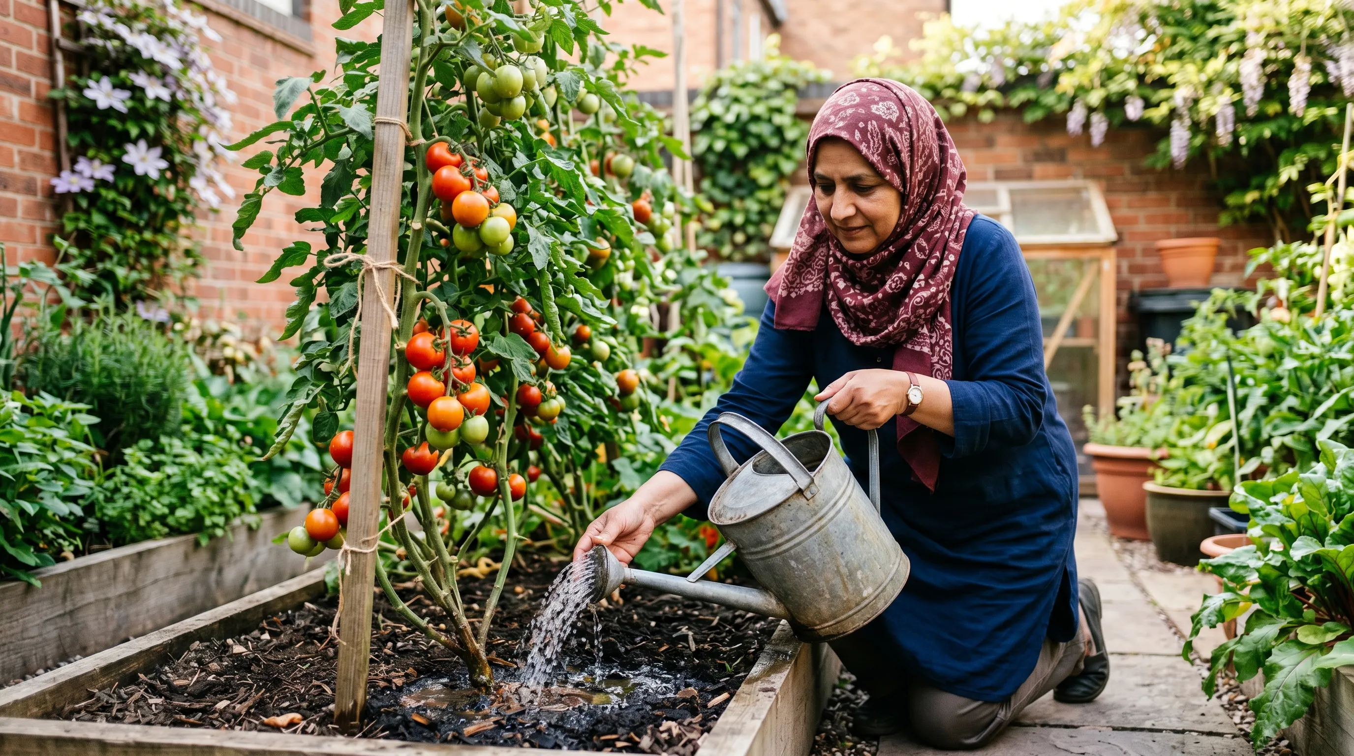 Watering tomato plants at the base in an urban Birmingham courtyard garden