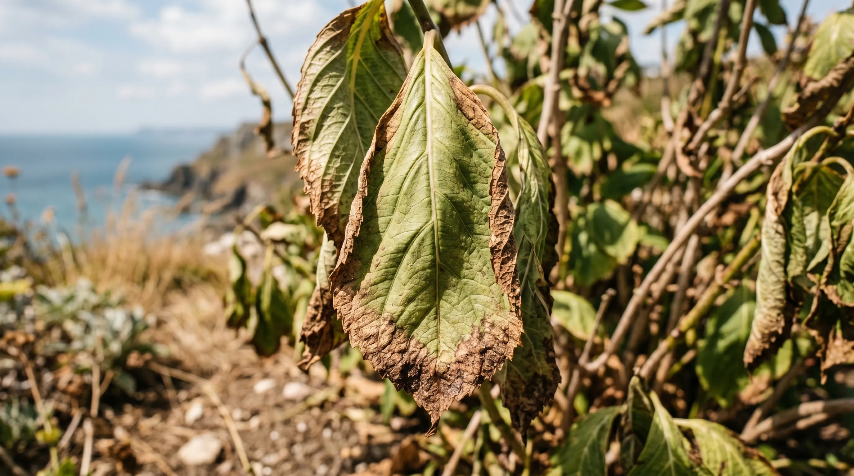 Drought-stressed hydrangea leaf showing wilting and browning leaf edges in a Cornwall garden