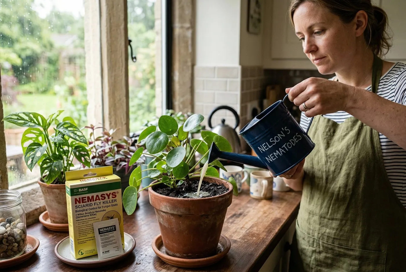 Nematode solution being watered into a houseplant pot to treat fungus gnat larvae