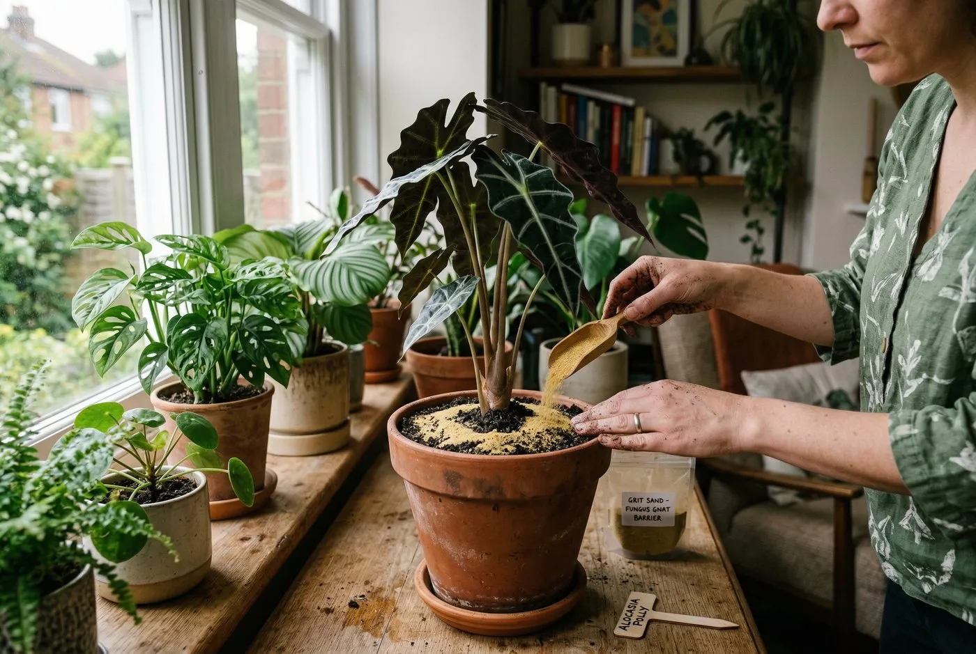 Horticultural sand being spread on houseplant compost as a barrier against houseplant flies