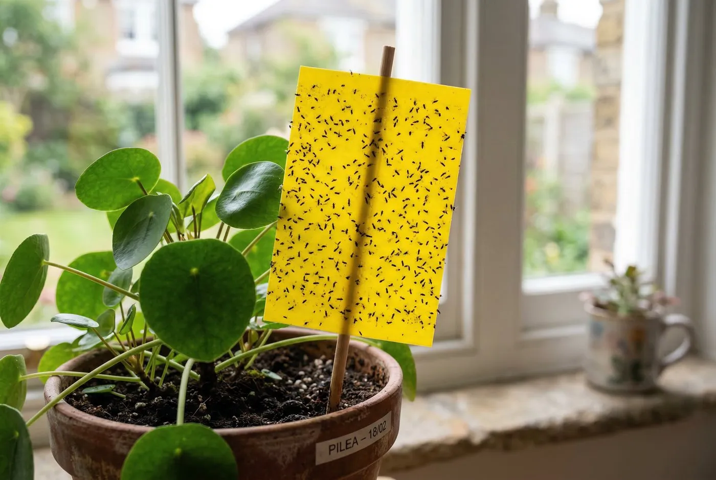 Close-up of a yellow sticky trap covered in fungus gnat houseplant flies next to a potted plant