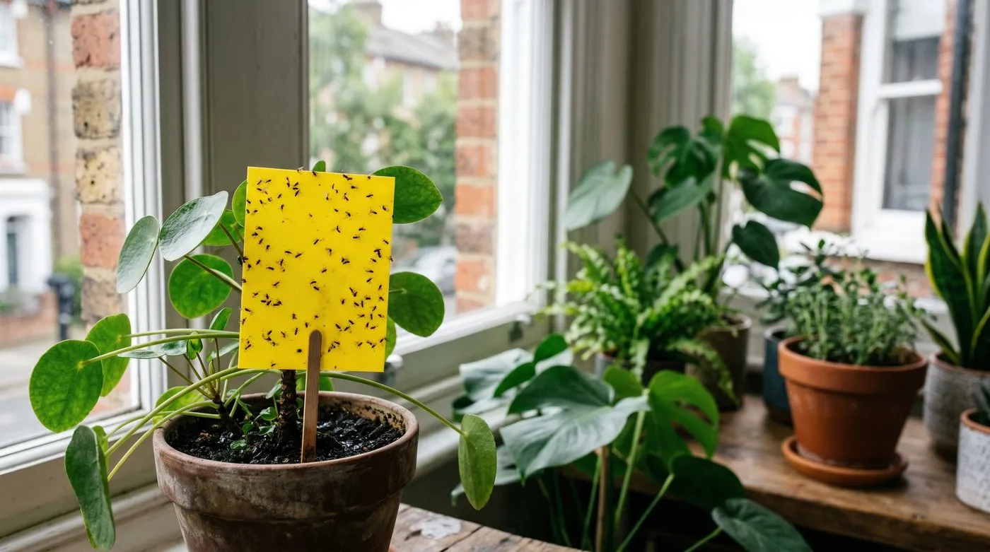 Yellow sticky trap catching houseplant flies in a potted plant on a UK windowsill