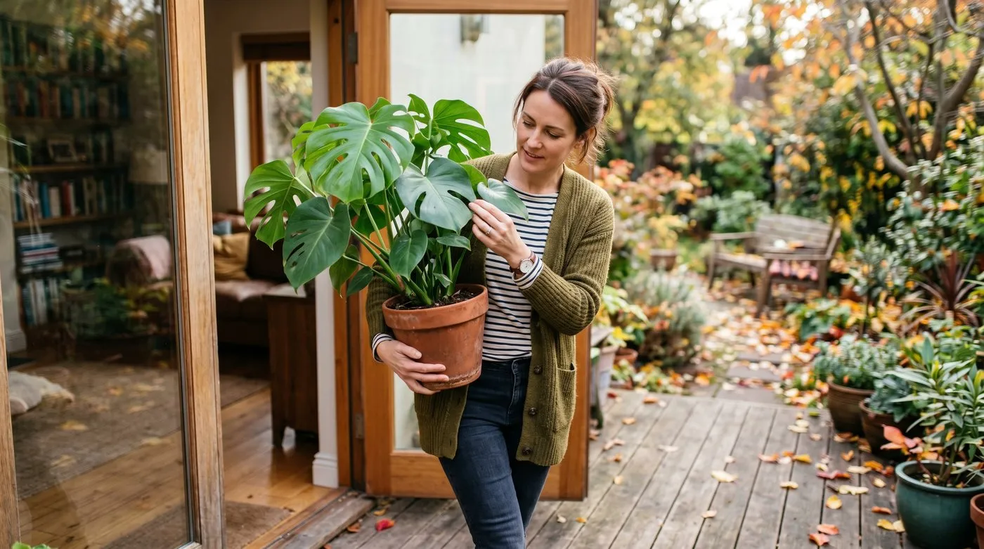 Bringing houseplants back indoors in autumn after checking the leaves for pests