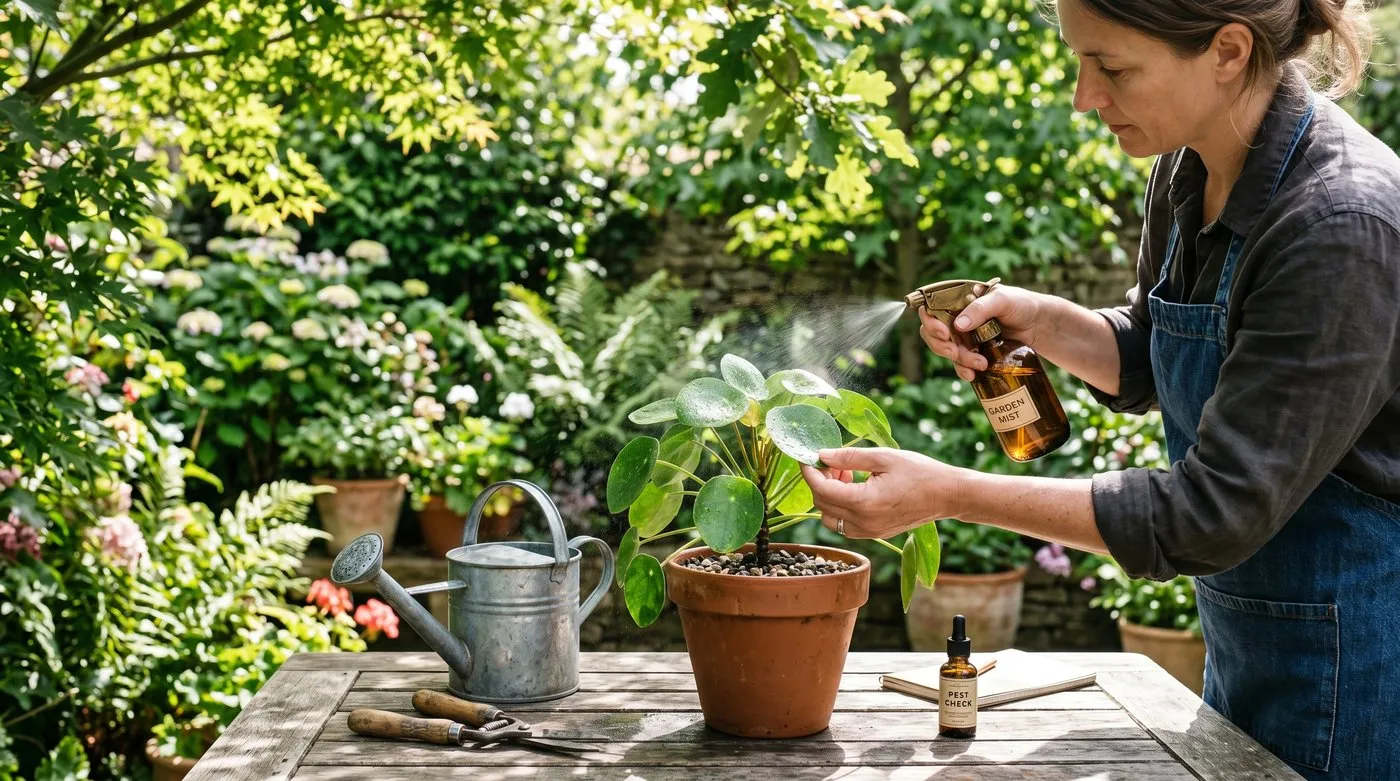 Watering and checking a houseplant for pests on an outdoor table in summer