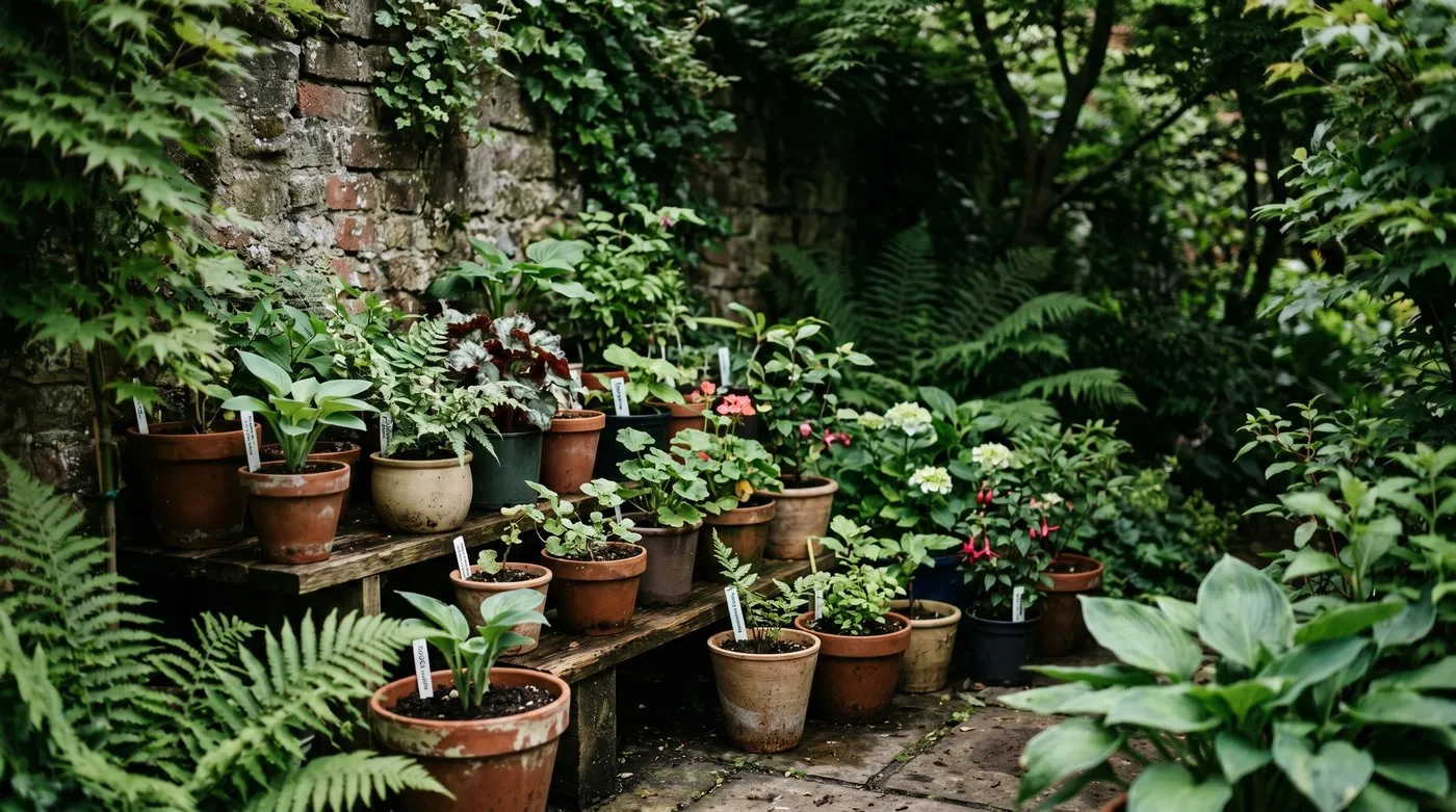 Houseplants standing in a fully shaded sheltered spot to harden off before summer outdoors