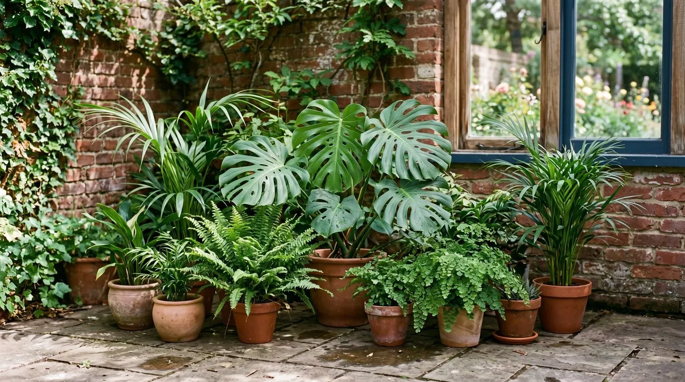 A group of houseplants thriving on a shaded UK patio in summer