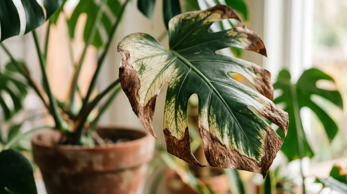 A houseplant leaf showing pale bleached and crisped patches from sun scorch outdoors