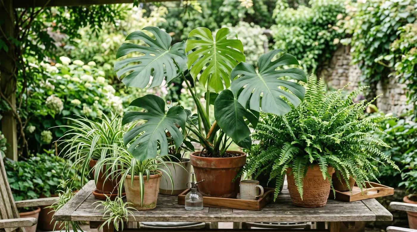 A group of leafy houseplants including Monstera, ferns and spider plants thriving on a shaded patio