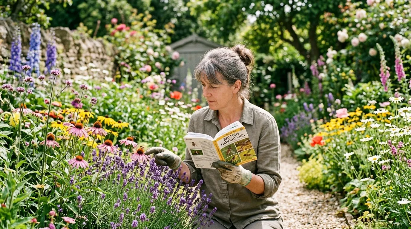 UK garden scene showing hoverflies garden guide in seasonal context