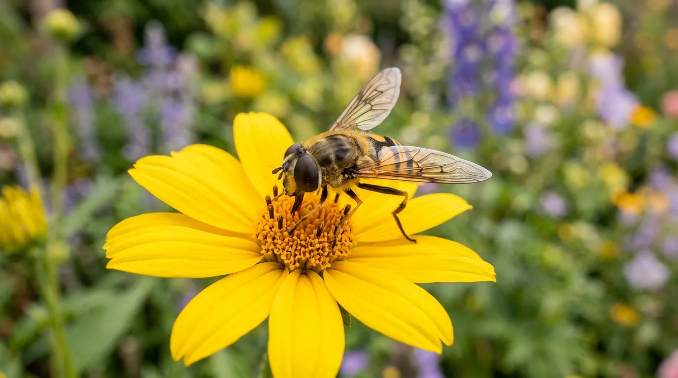 Marmalade hoverfly feeding on yarrow showing hoverflies garden identification features