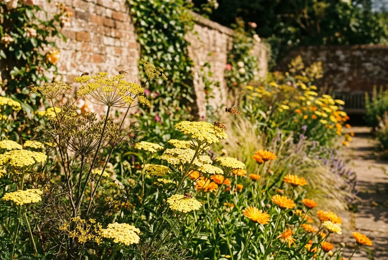 Flat-topped flowers attracting hoverflies in a UK sunny garden border