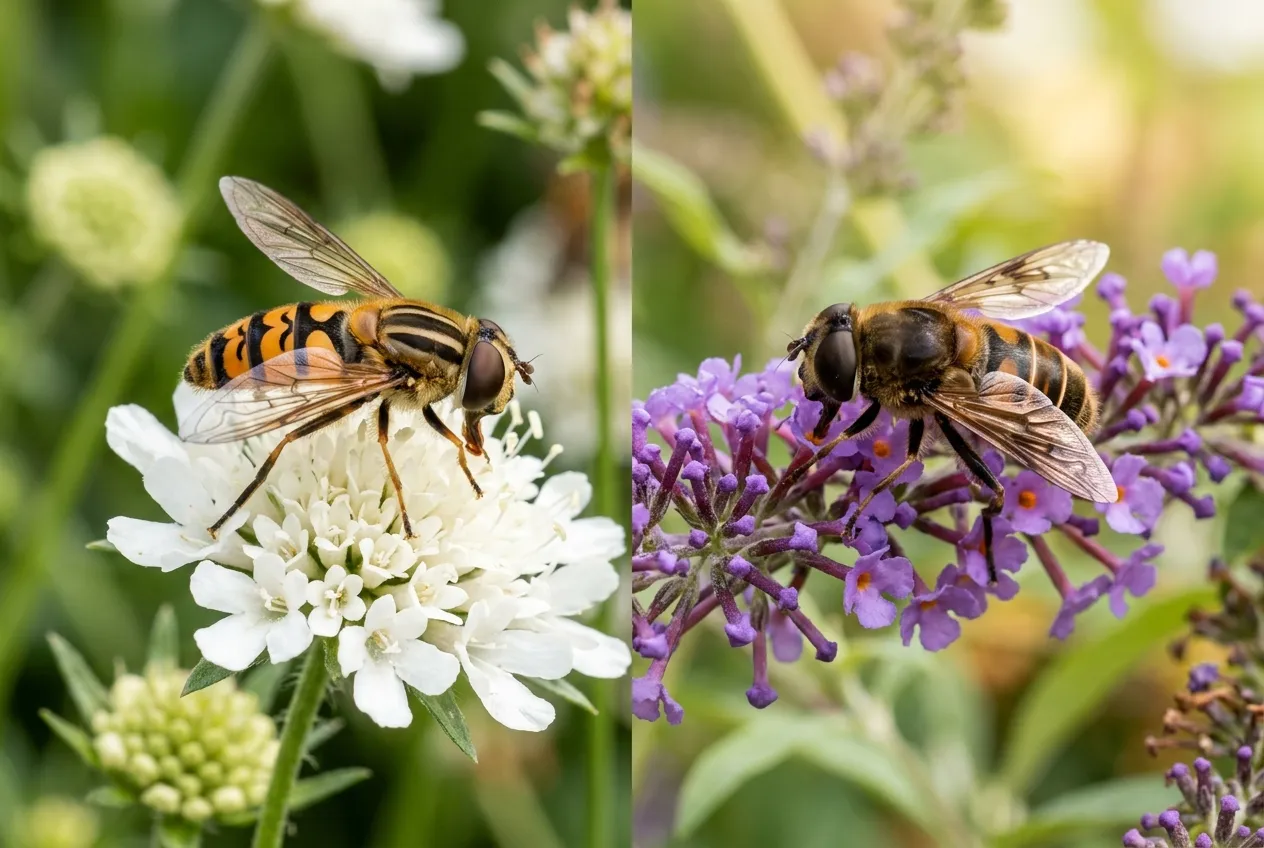Two hoverfly species on garden flowers showing hoverflies garden identification differences